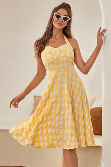 Vestido vintage de xadrez amarelo de 1950